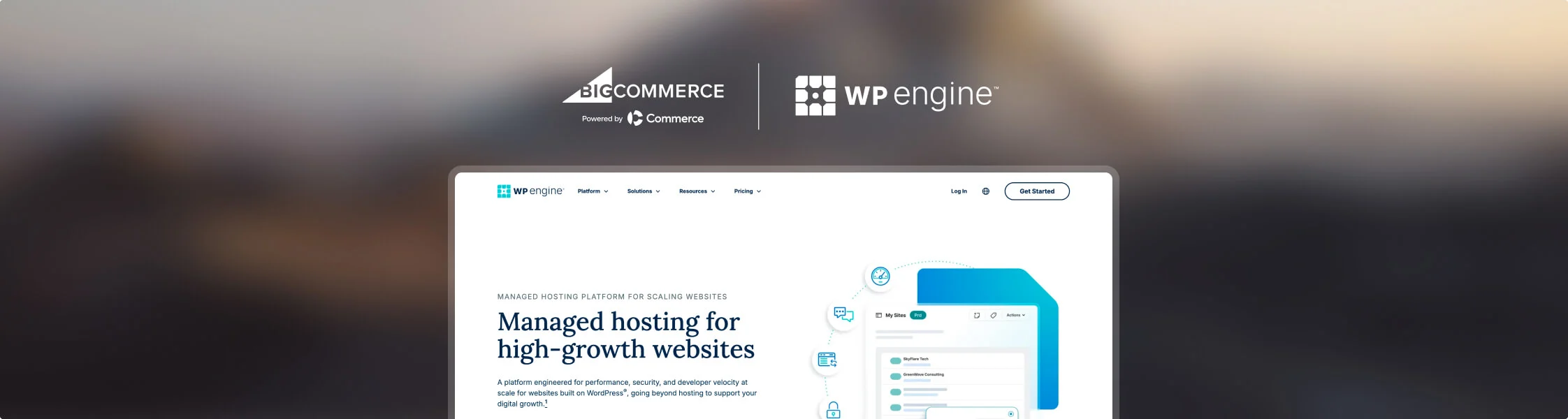 BigCommerce and WP Engine logos above a website screenshot showing managed hosting platform for high-growth websites