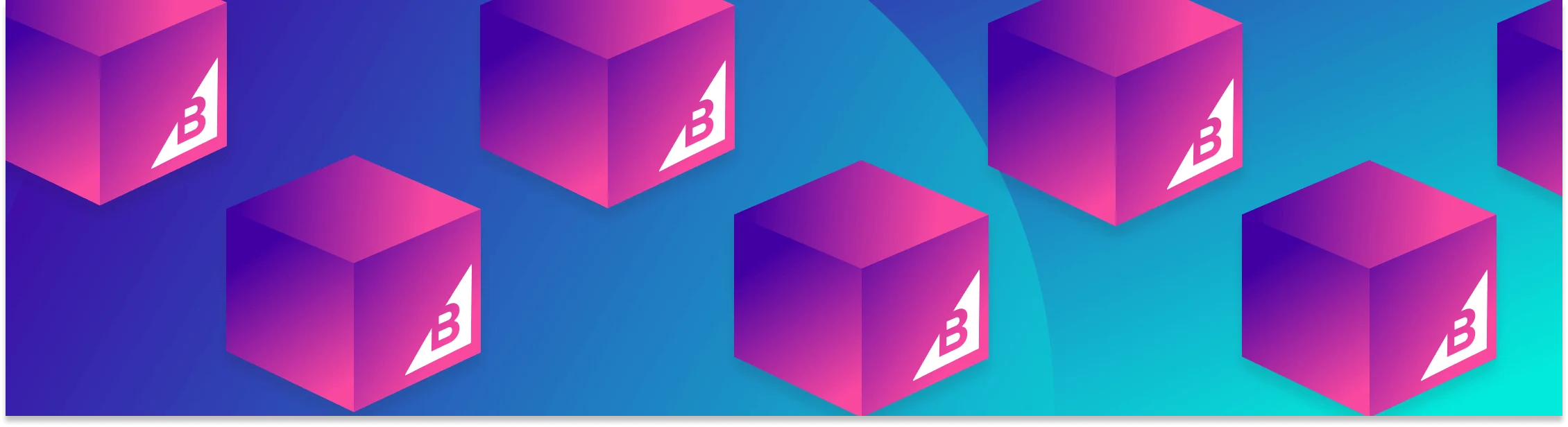 Pink and purple cubes with a white B logo on each, floating on a blue gradient background.
