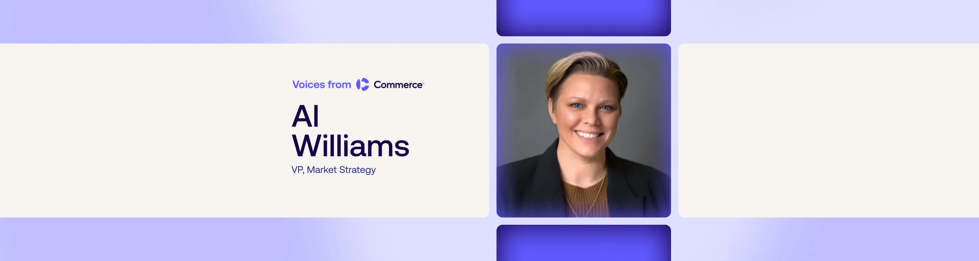 Professional headshot of Al Williams, VP of Market Strategy, smiling in business attire with purple border frame.