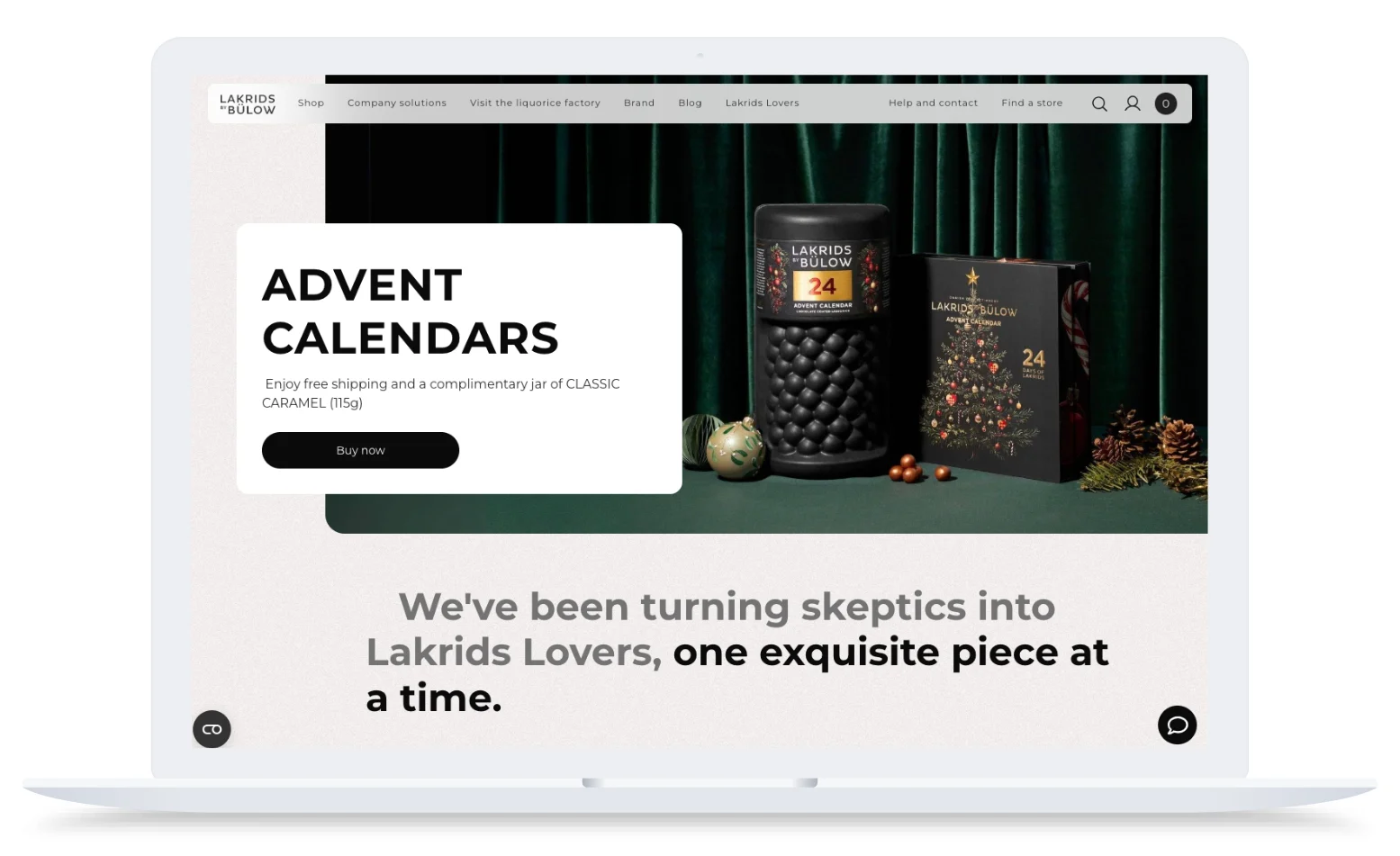 Laptop screen displaying a Lakrids by Bülow advent calendar promotion and general liquorice products.