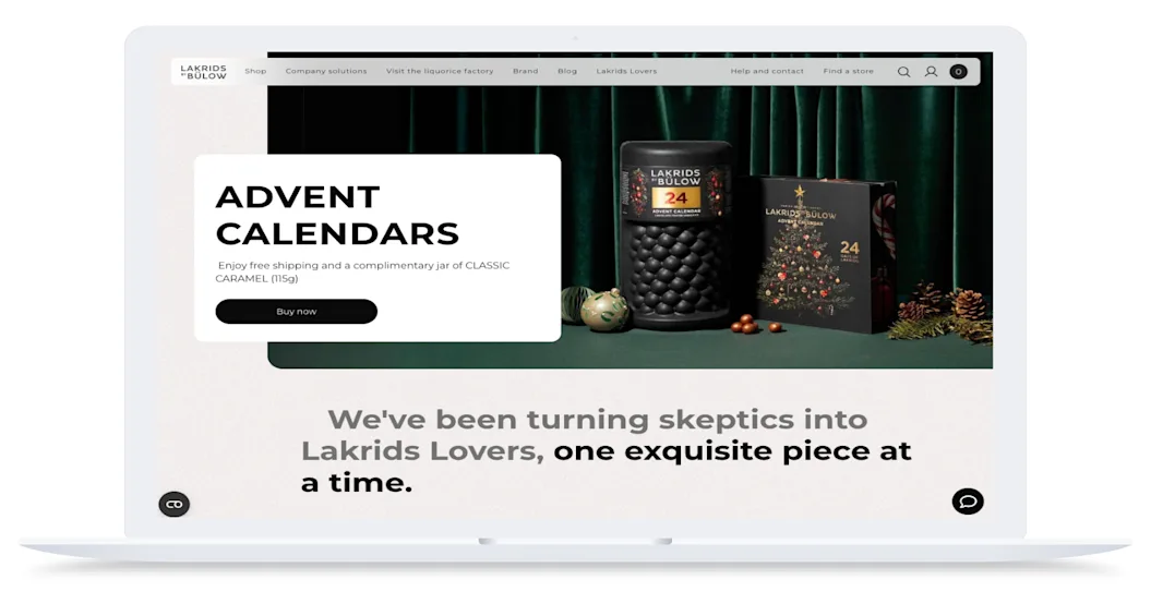 Laptop screen displaying a Lakrids by Bülow advent calendar promotion and general liquorice products.