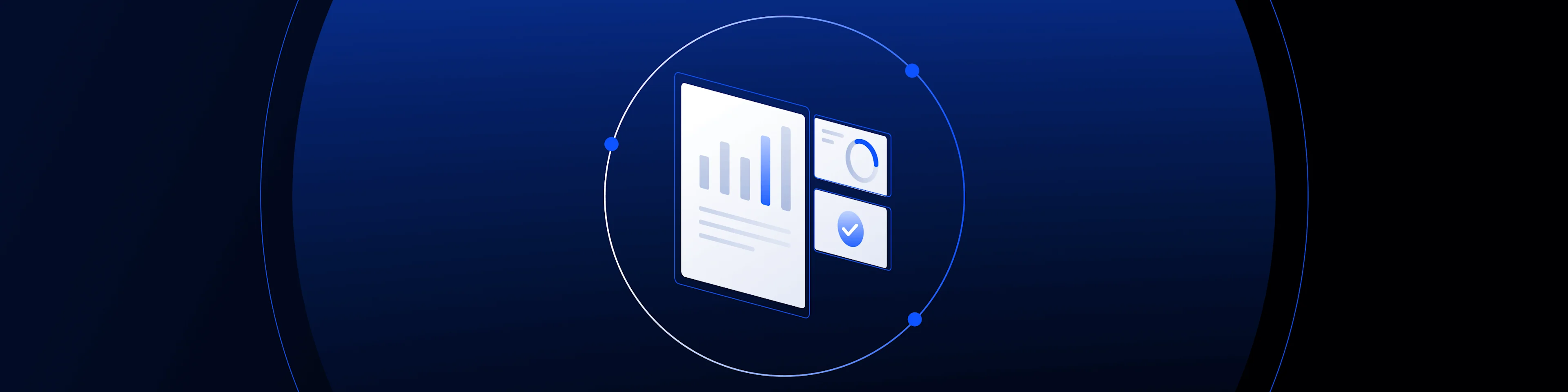Isometric illustration of a document with bar charts and data dashboards inside a circular structure, symbolizing solution architecture or analytics.