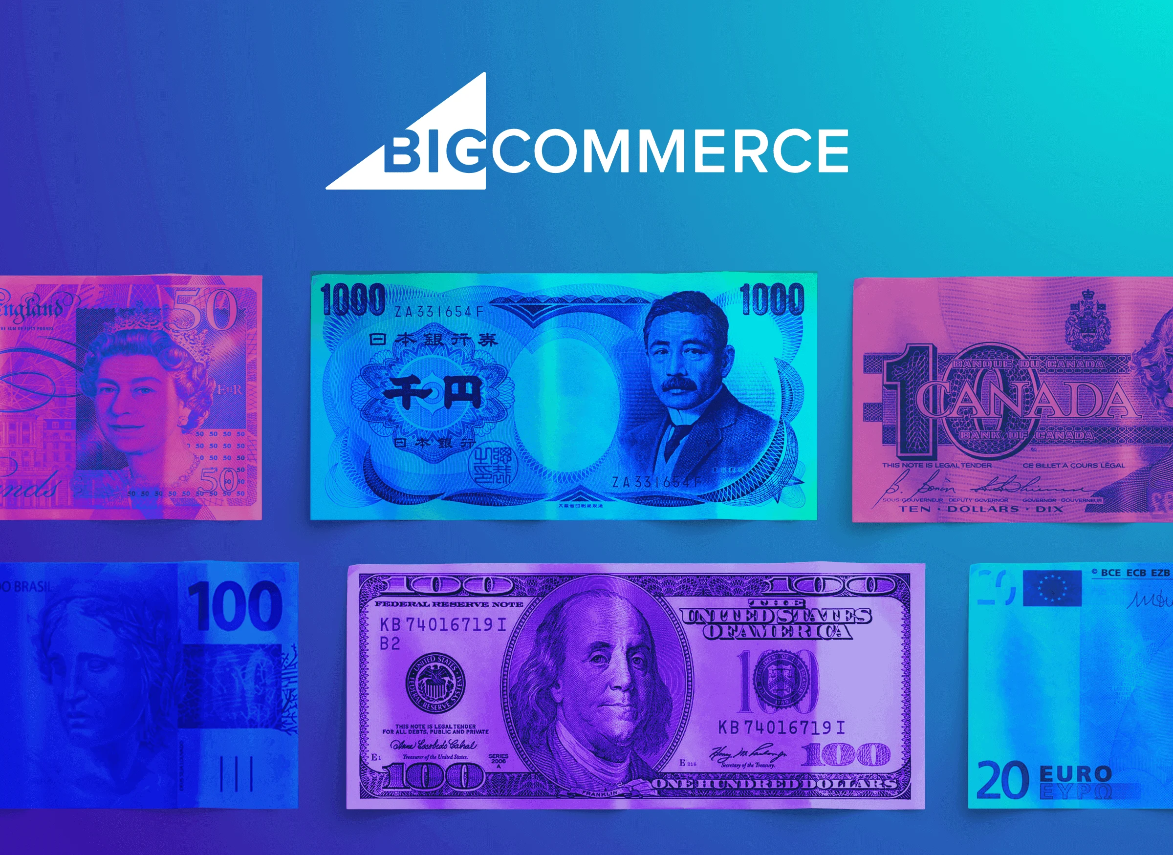Assorted colorful international banknotes with the BigCommerce logo above on a blue gradient background.