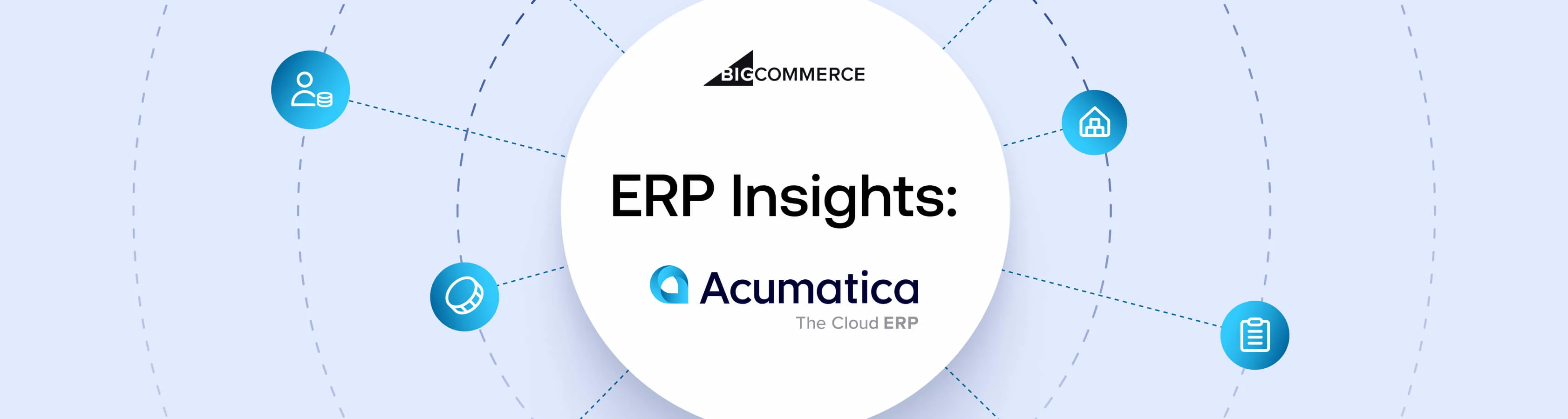 A graphic of ERP Insights for BigCommerce and Acumatica, on a light blue and gray background, connecting to various ecommerce icons.