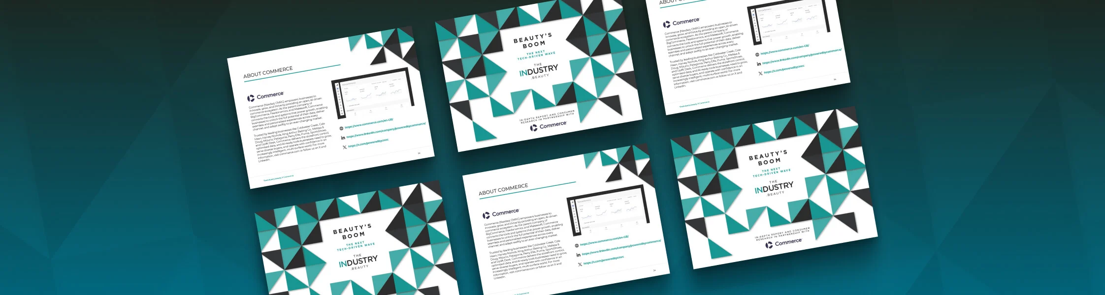 Graphic showing multiple spreads of the "Beauty’s Boom" tech-driven beauty report by BigCommerce.