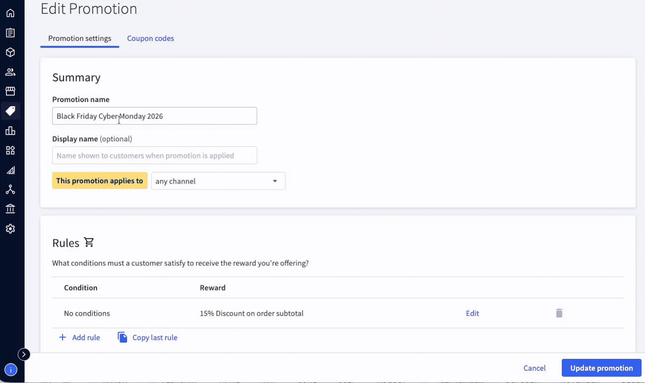Edit Promotion screen showing Summary section with promotion name, display name fields, and a yellow tag indicating promotion applies to any channel.