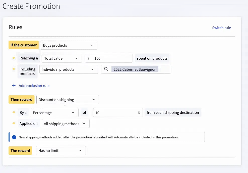 Step-by-step configuration of an ecommerce promotion: setting a $100 purchase threshold and applying a 10% shipping discount.