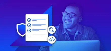 Digital illustration of a professional reviewing an ecommerce RFP checklist, featuring icons for security and technical requirements.
