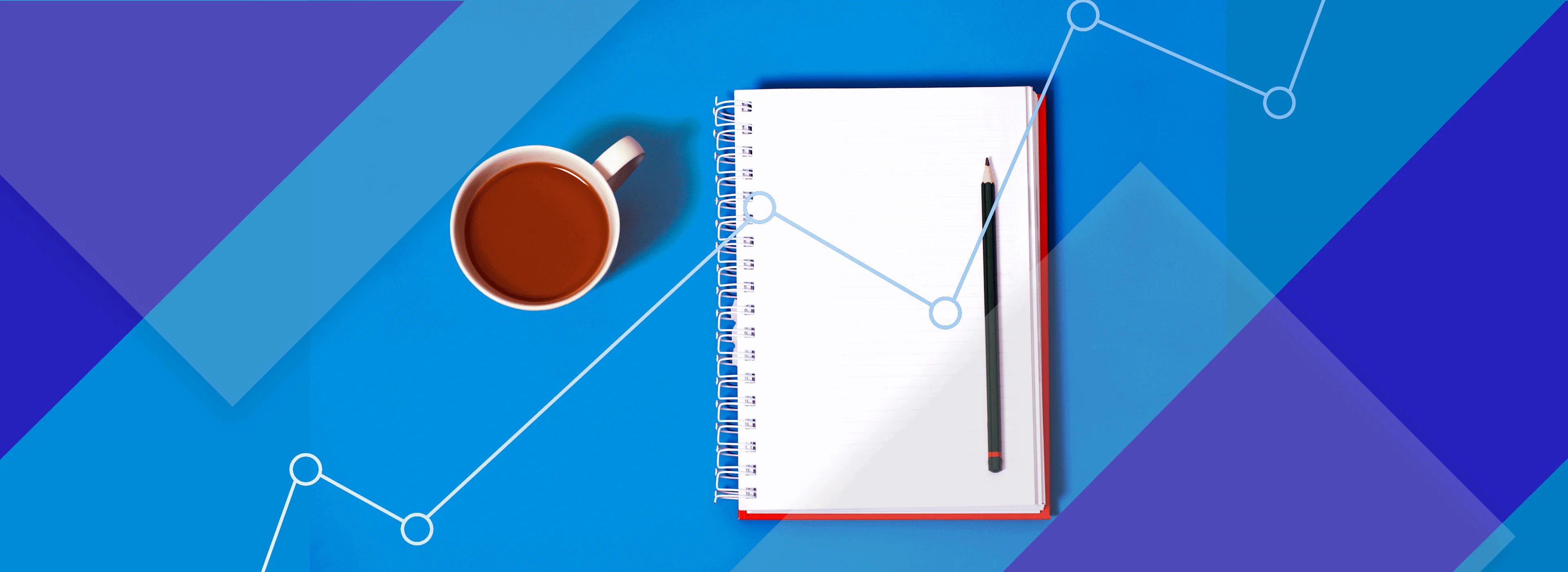 A cup of coffee and a pencil on an open notebook, with a blue background and abstract graph lines overlayed.