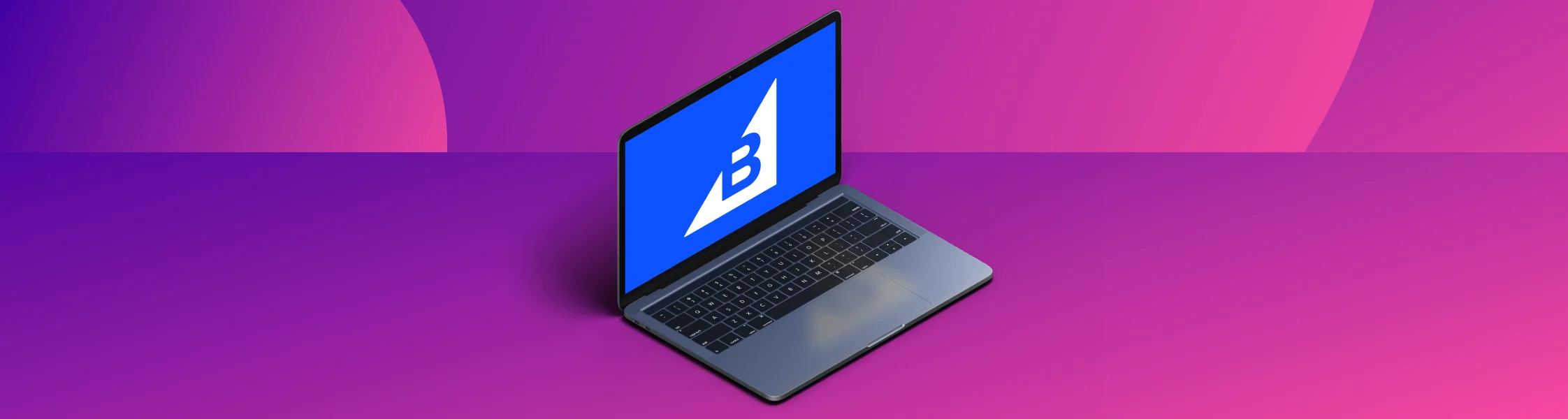 Article Header Laptop Displaying a BigCommerce Logo with a Blue Screen on a Purple Background