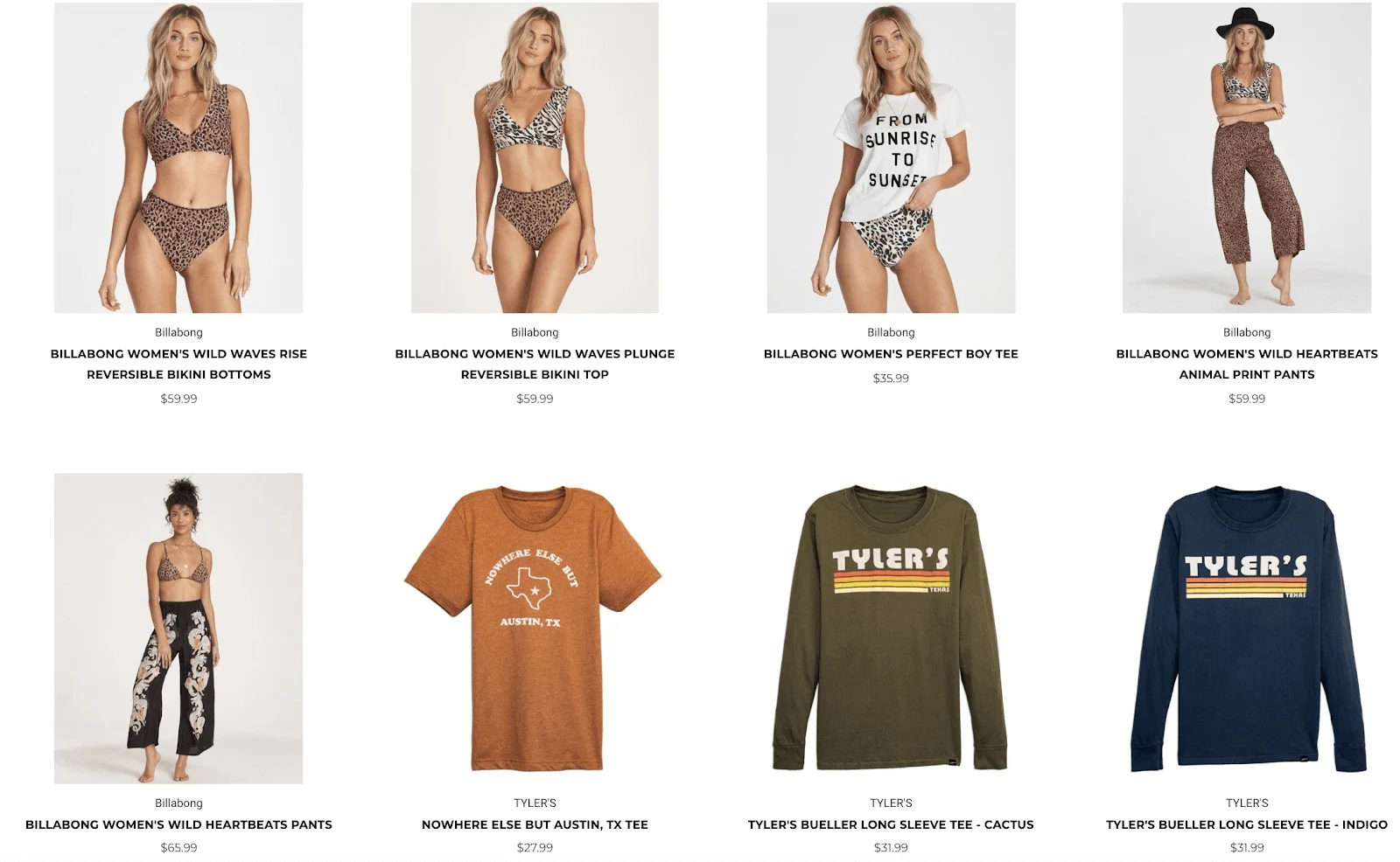 Eight clothing items displayed, including animal print bikinis, tees, pants, and long sleeve shirts in earthy tones.