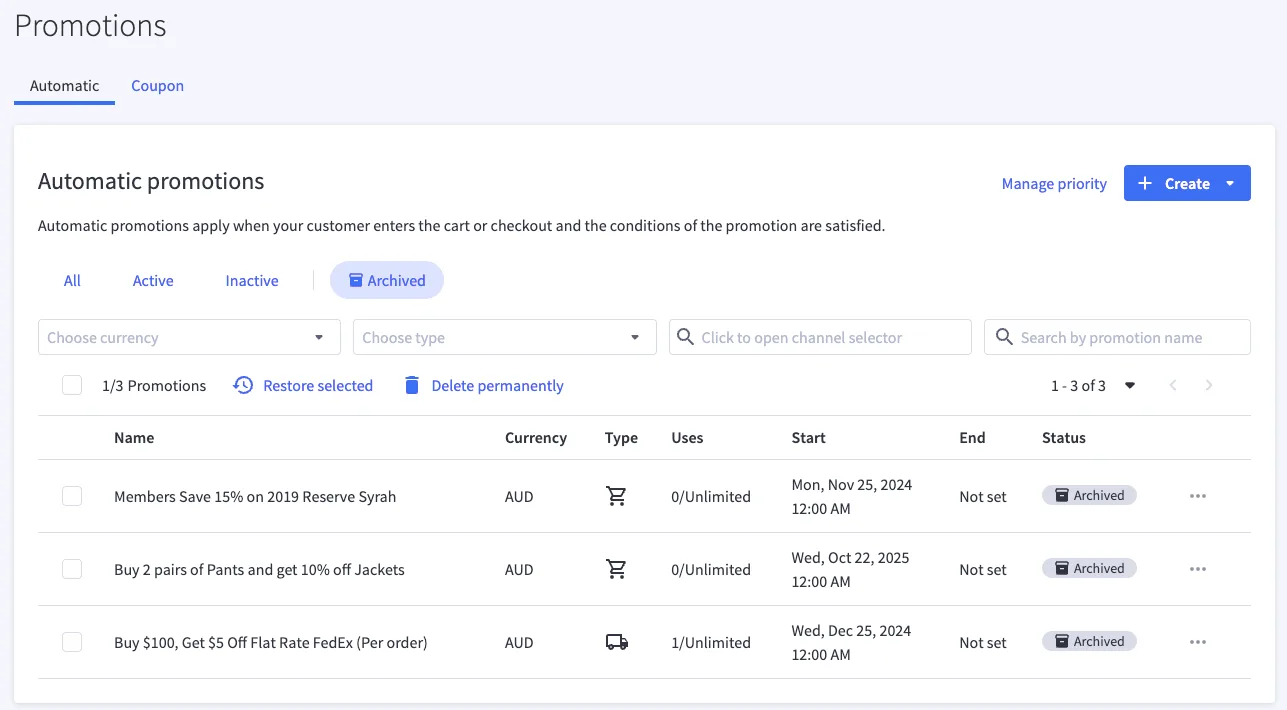 The BigCommerce promotions dashboard view showing the new Archived tab.