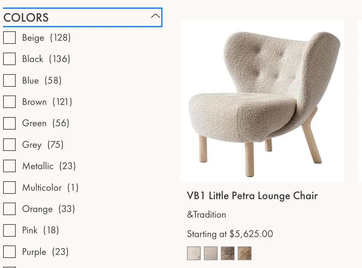 Beige upholstered lounge chair with curved wingback design and wooden legs, shown with color filter options on left side.