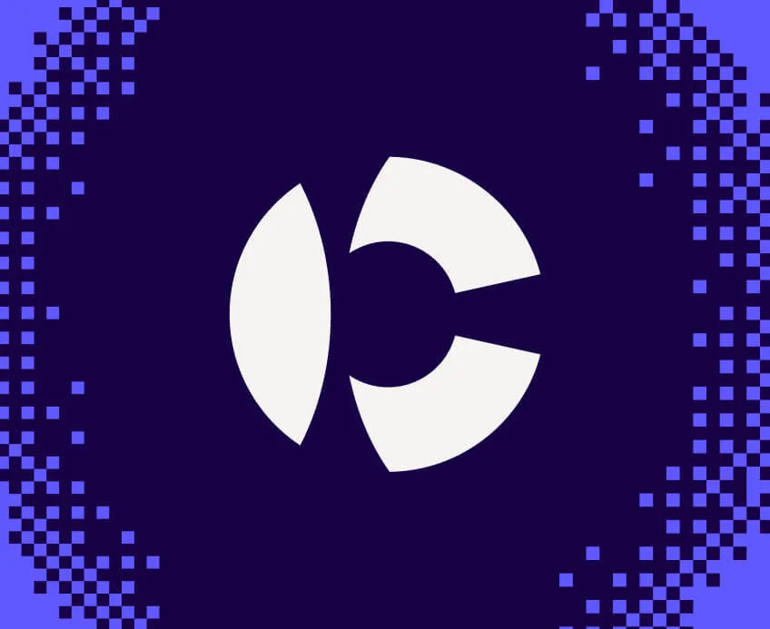 White abstract circular logo on a dark purple background with blue pixelated borders on both sides.