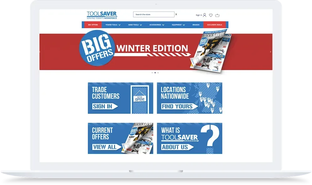 Laptop screen showing the Toolsaver website with a red banner for big winter offers and blue navigation buttons.