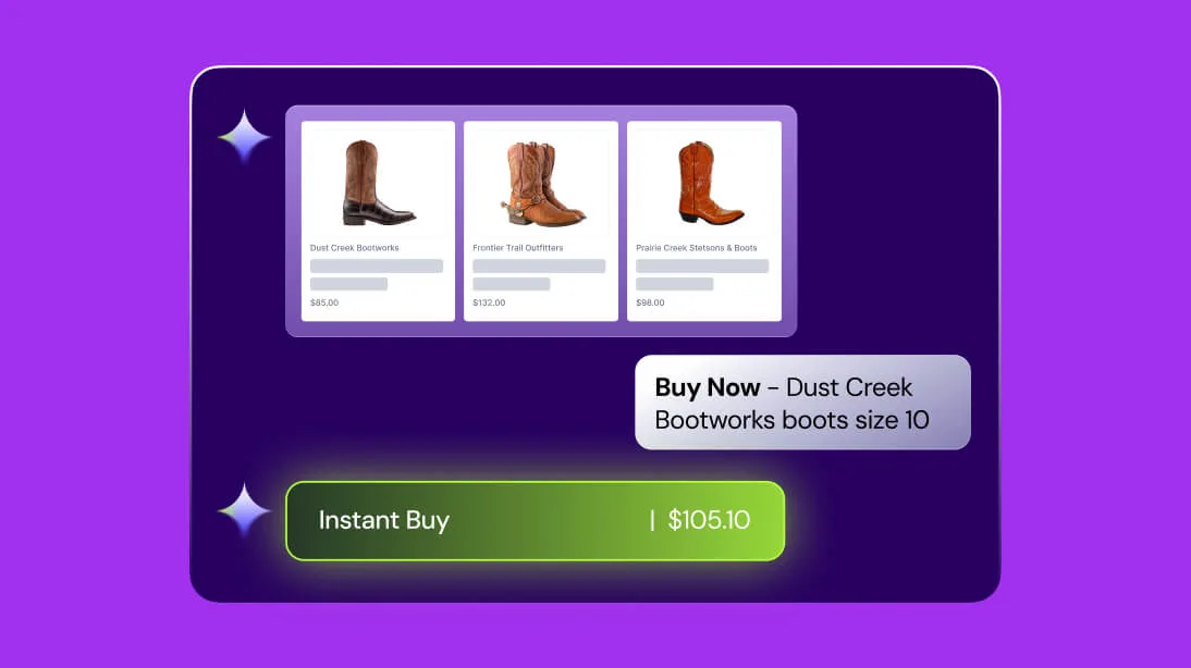 Online shopping interface showing three cowboy boots with prices, a buy now prompt for Dust Creek Rootworks boots, and green instant buy button for $105.10 on purple background.
