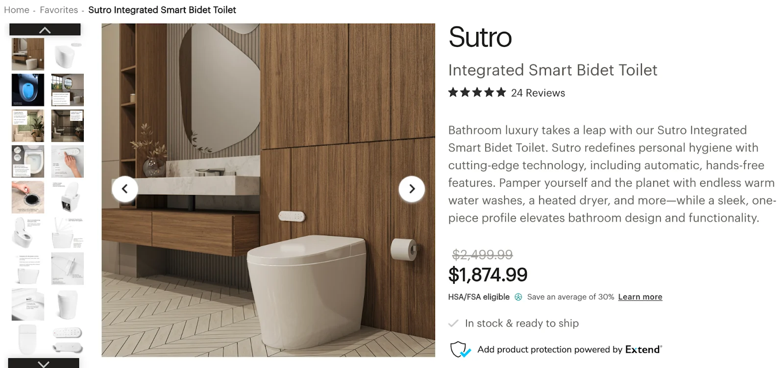 Brondell bathroom lifestyle shot with wood cabinets, angled tile flooring, and sleek toilet