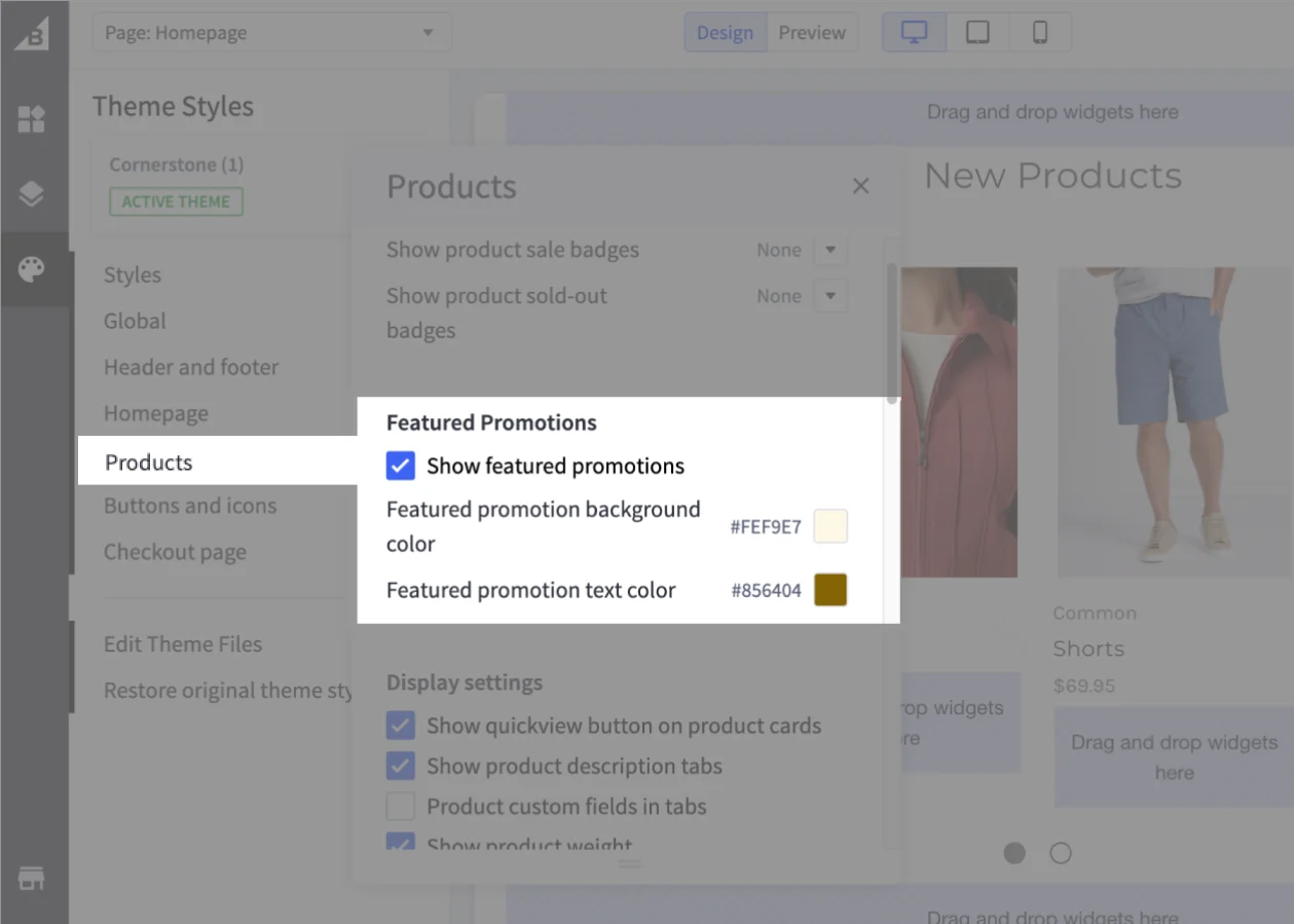 Settings panel showing featured promotions options with color pickers for background and text customization.