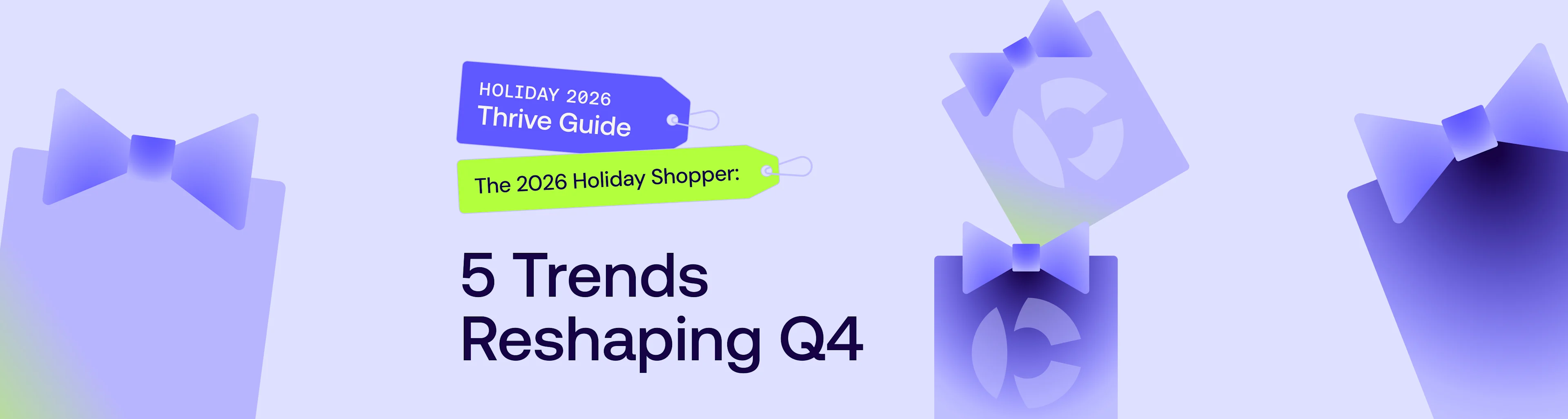 Holiday 2026 Thrive Guide graphic with purple gift boxes and bows, featuring text about 5 trends reshaping Q4 shopping.