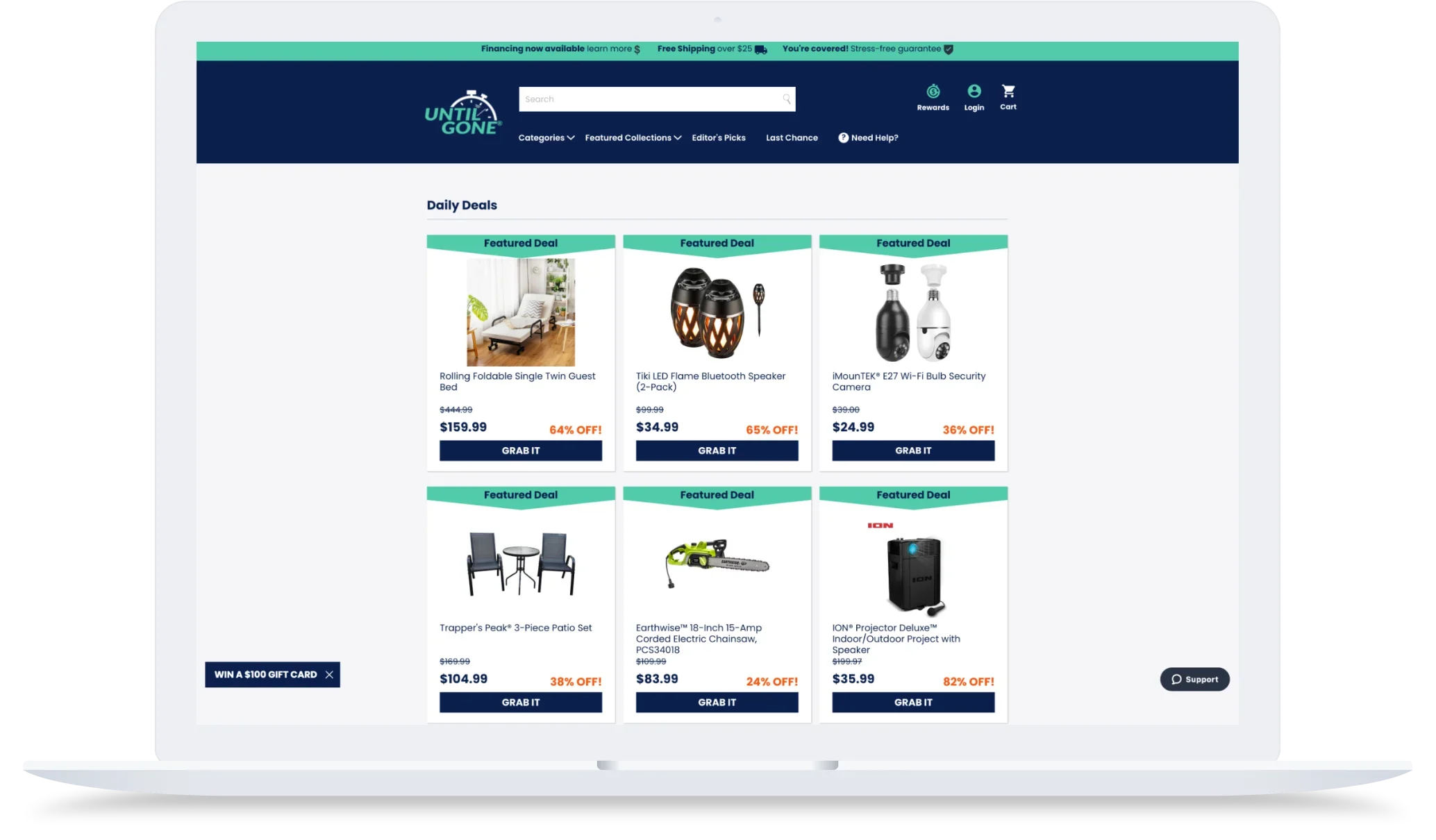 Laptop screen showing an online store with daily deals on furniture, electronics, tools, and home security products.
