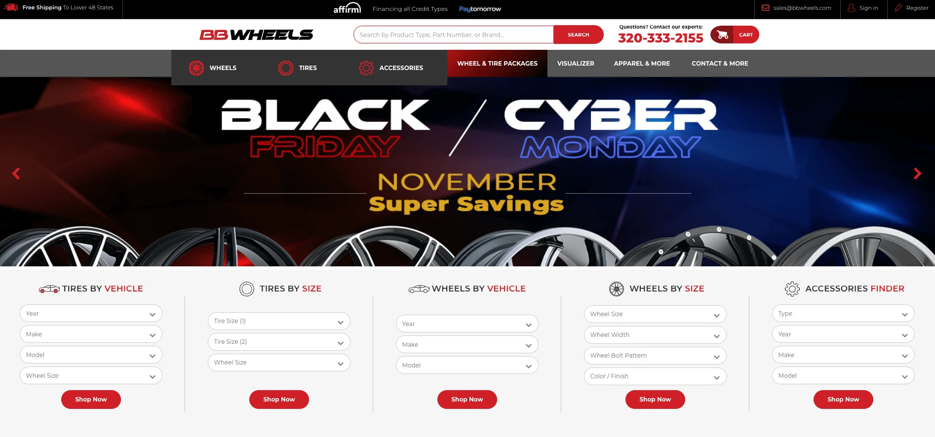 BB Wheels website homepage with Black Friday and Cyber Monday sale banner, wheel images, and product search filters.