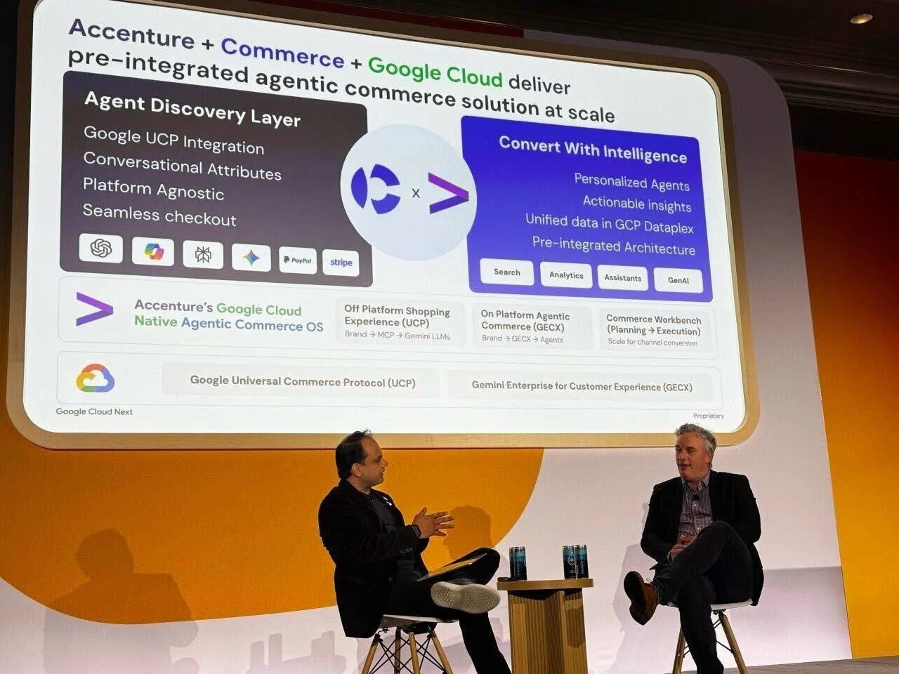 Mayank Bhatnagar and Travis Hess seated on stage at Google Cloud Next 2026, with a slide behind them showing Accenture, Commerce, and Google Cloud's pre-integrated agentic commerce solution.