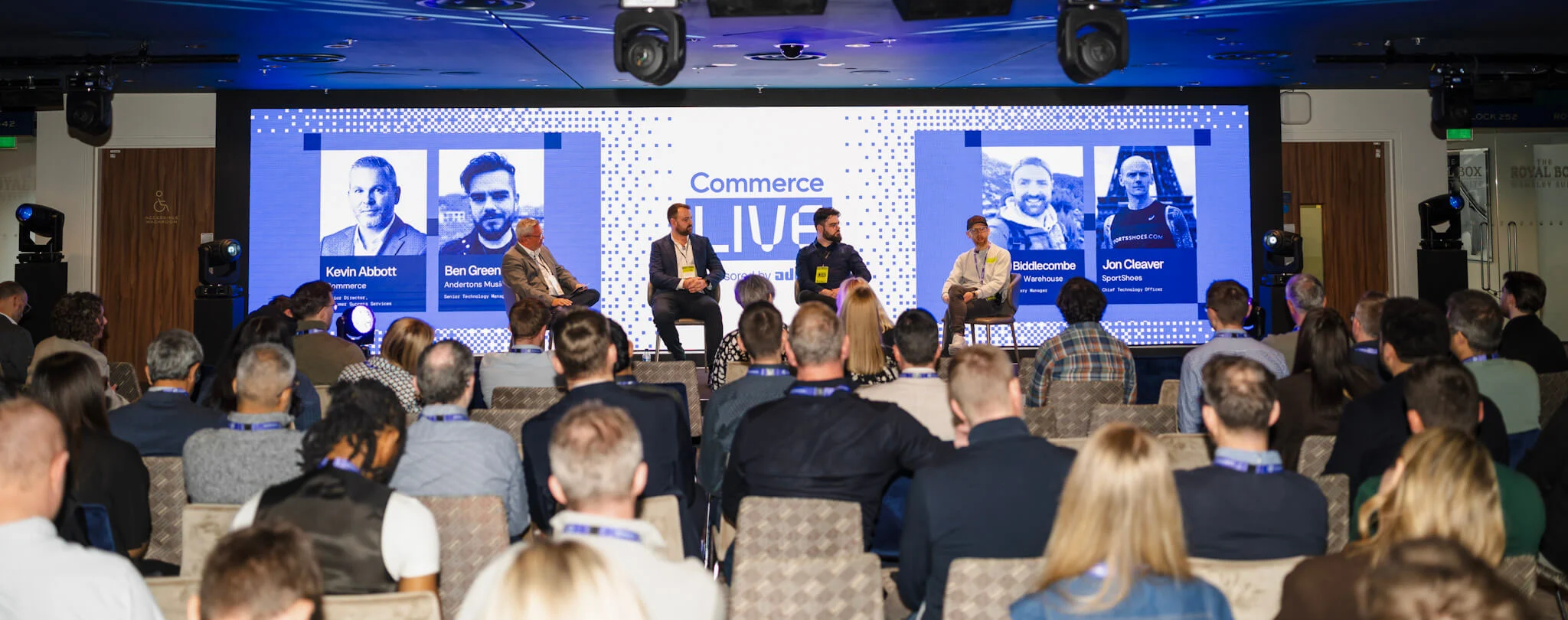 Retailers panel discussion with Andertons Music Co., Mountain Warehouse, and Sportsshoes.com at Commerce Live EMEA