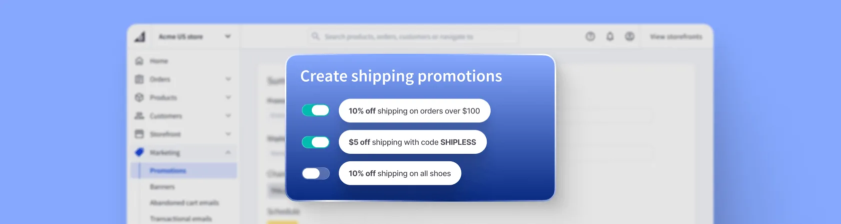 Software mockup for managing shipping promotions and discount rules within an ecommerce marketing platform.