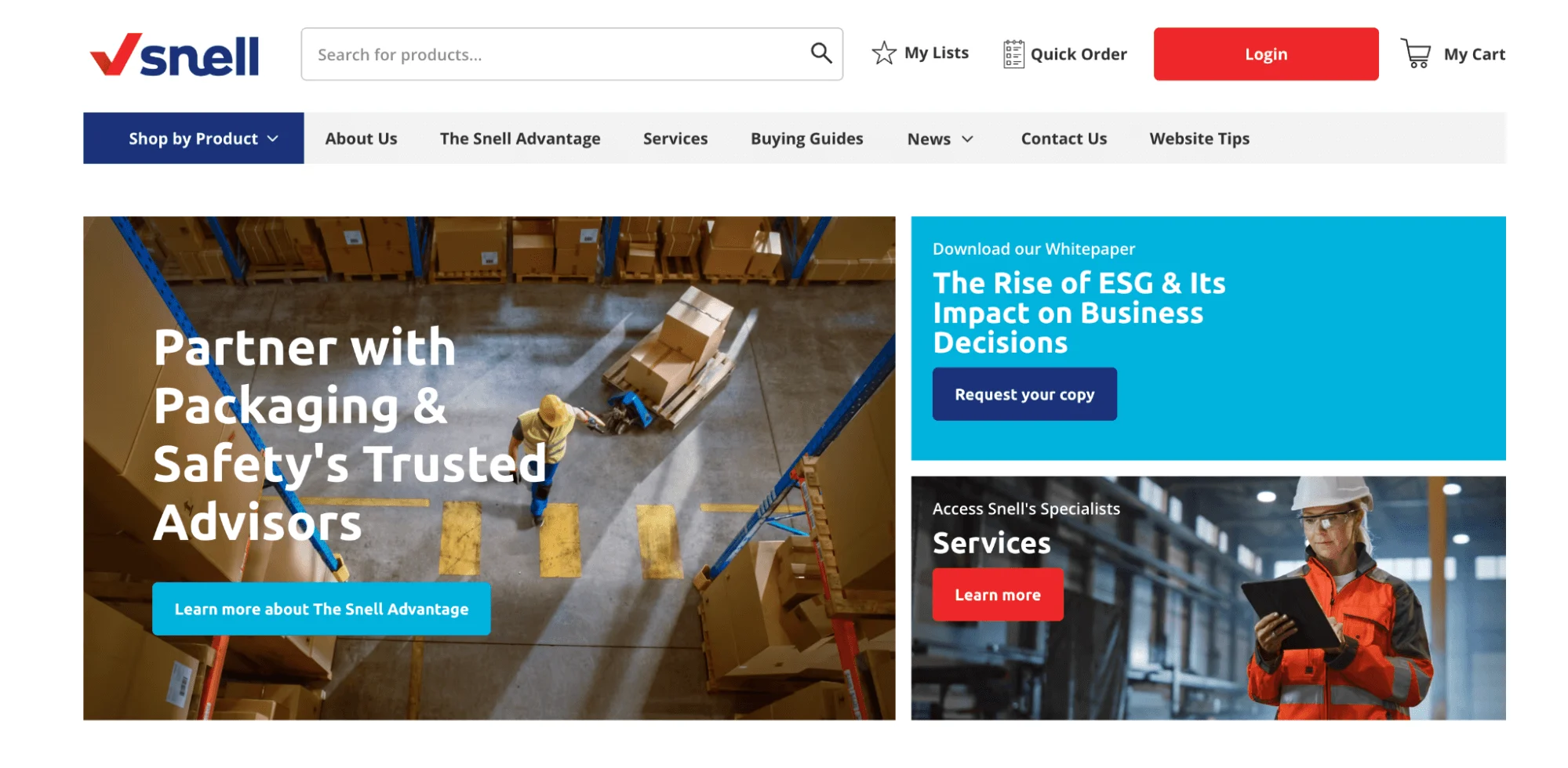 Warehouse worker moving boxes, website navigation bar, and promotional banners in blue, white, and red accents.