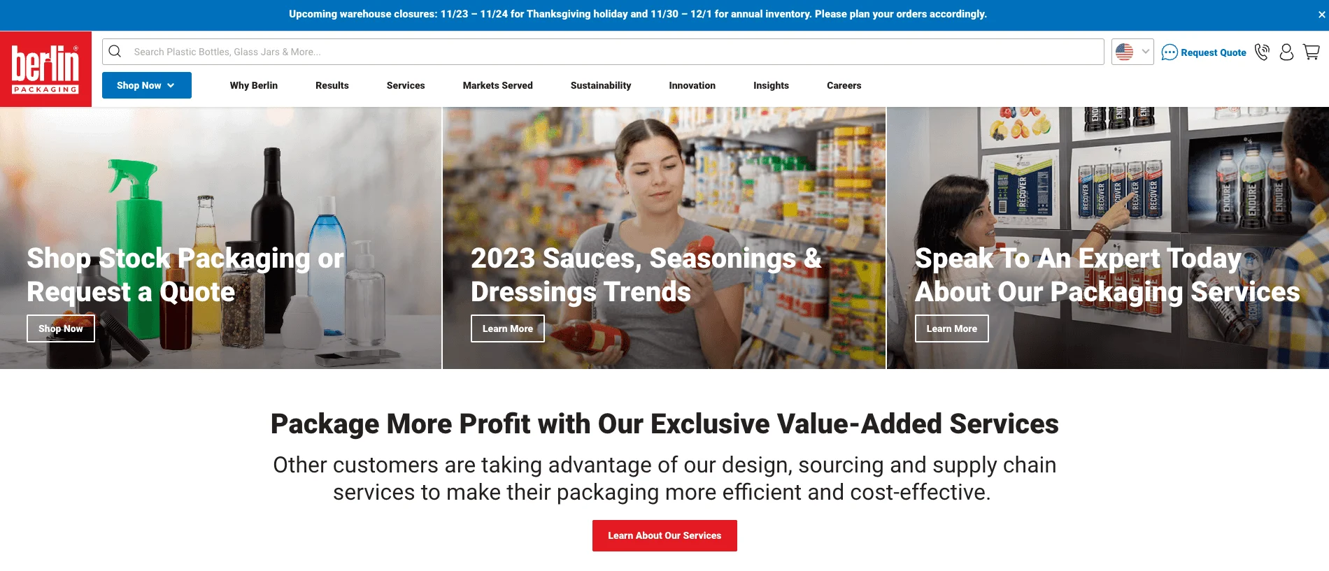 Website homepage with packaging bottles, a woman shopping in a grocery aisle, and people discussing product packaging.