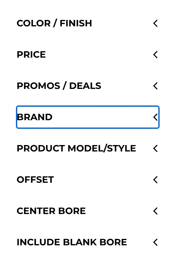Filter menu showing options: Colour/Finish, Price, Promos/Deals, Brand (highlighted), Product Model/Style, and more.