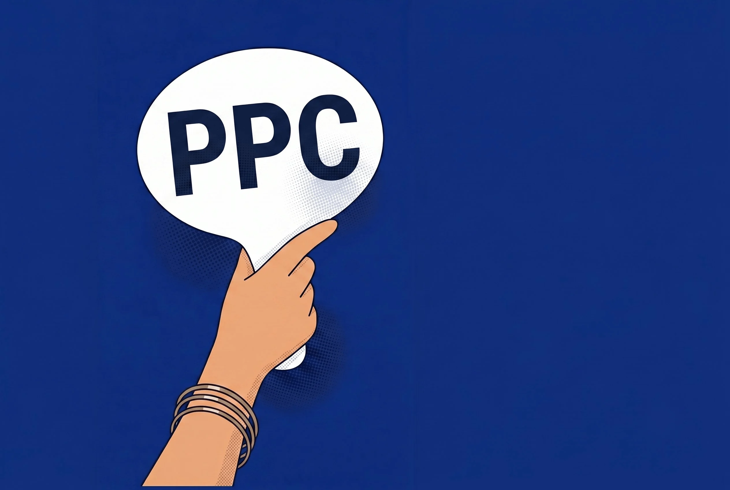 Hand holding white speech bubble with PPC text on blue background, representing pay-per-click advertising concept.