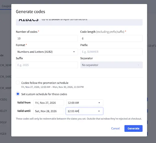 Dialog box for generating promotional codes with fields for number, format, length, prefix, separator, and validity dates.