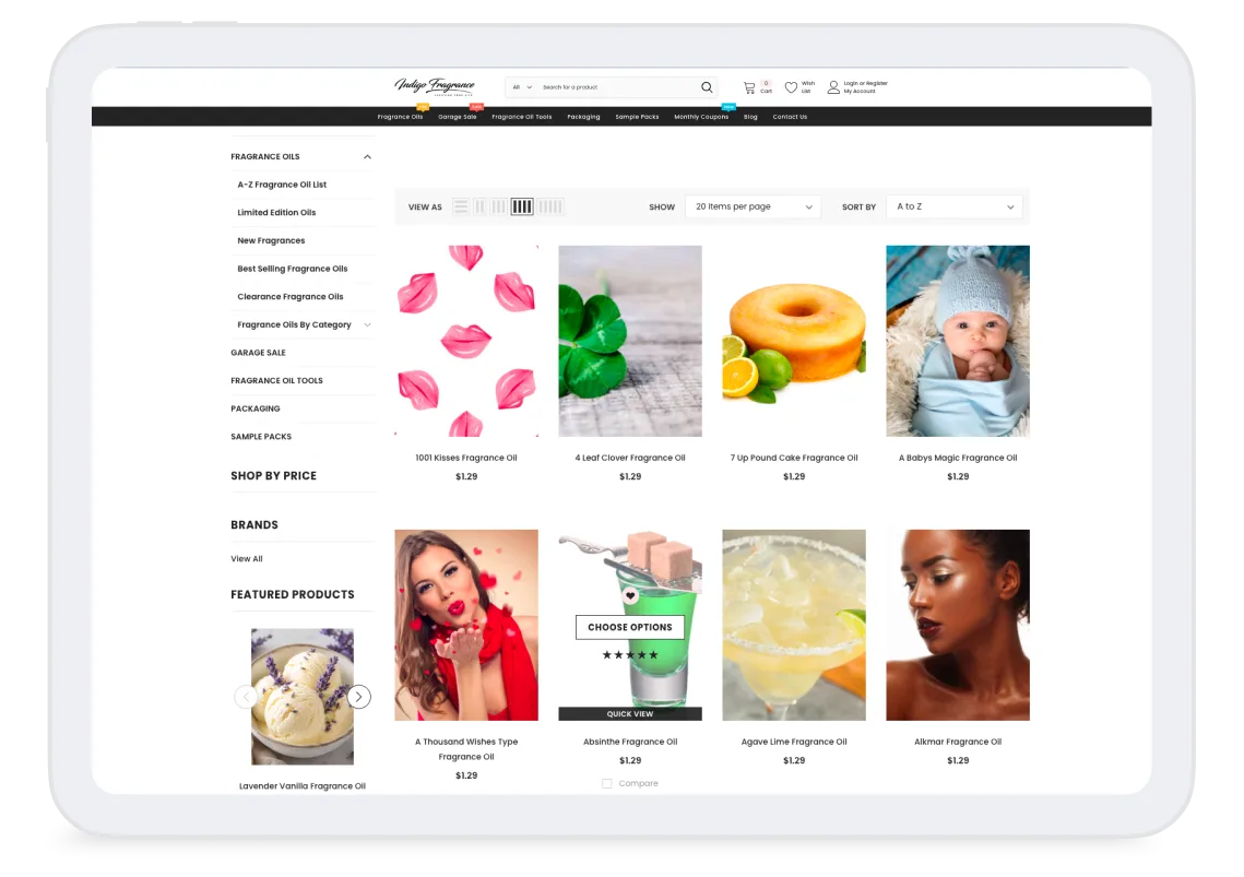 Indigo Fragrance website displaying fragrance oils with product images including clover, citrus cake, and various scents.