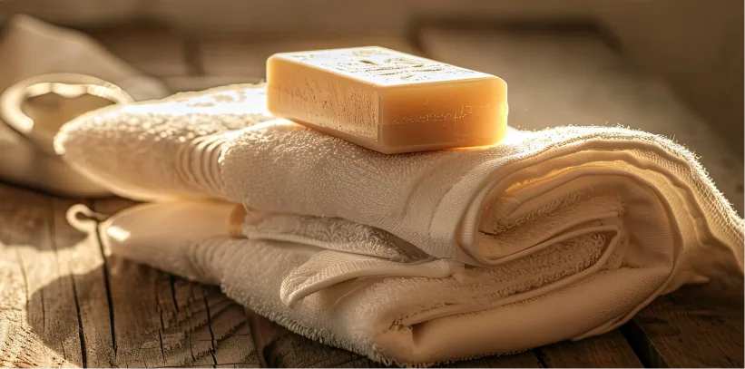 Beige bar soap resting on folded cream towels with a natural bristle brush on rustic wooden surface in warm lighting.