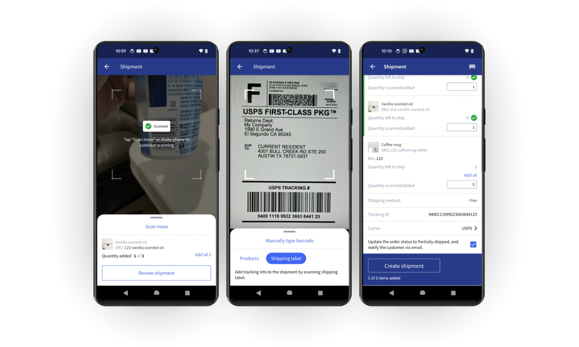Three smartphone screens show a shipping app scanning products, a USPS label, and a shipment summary with item details.