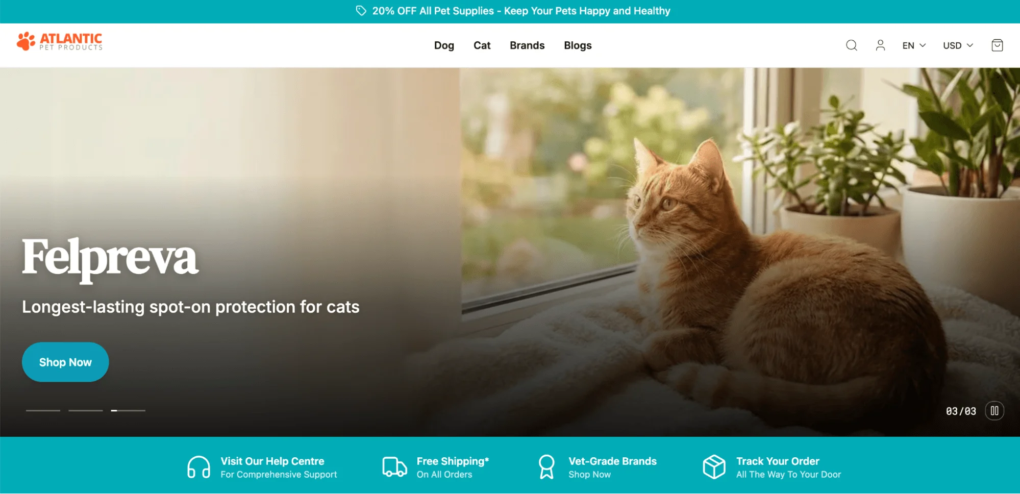 Atlantic Pet Products homepage, featuring Felpreva cat protection, with a ginger cat by a window.