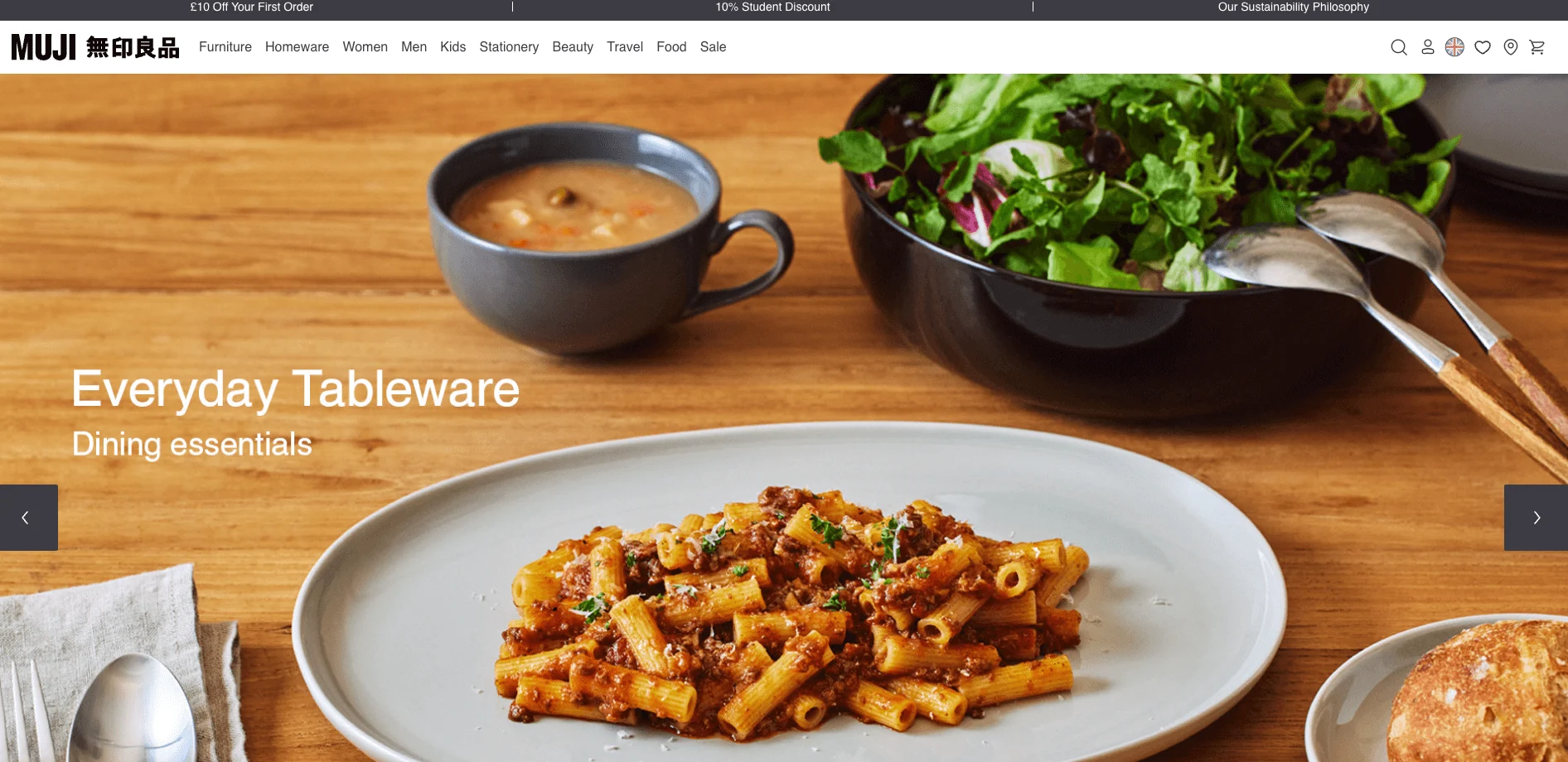 MUJI Online Experience - Plate of pasta, bowl of soup, and salad