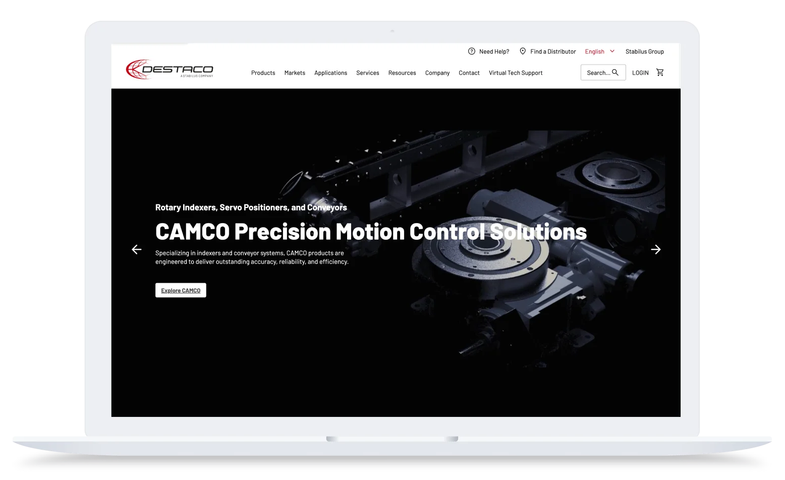 CAMCO precision motion control equipment including rotary indexers and servo positioners on dark background