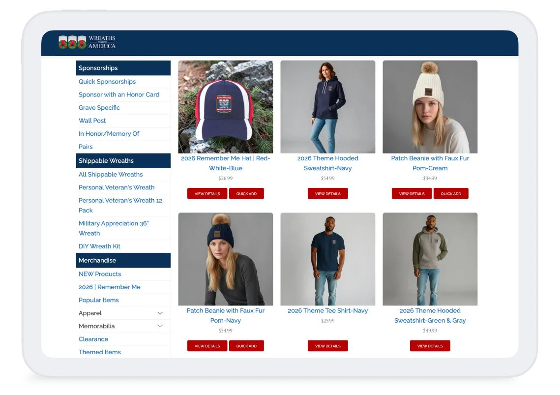 Wreaths Across America online store showing merchandise including hats, beanies, hooded sweatshirts, and tee shirts with prices.