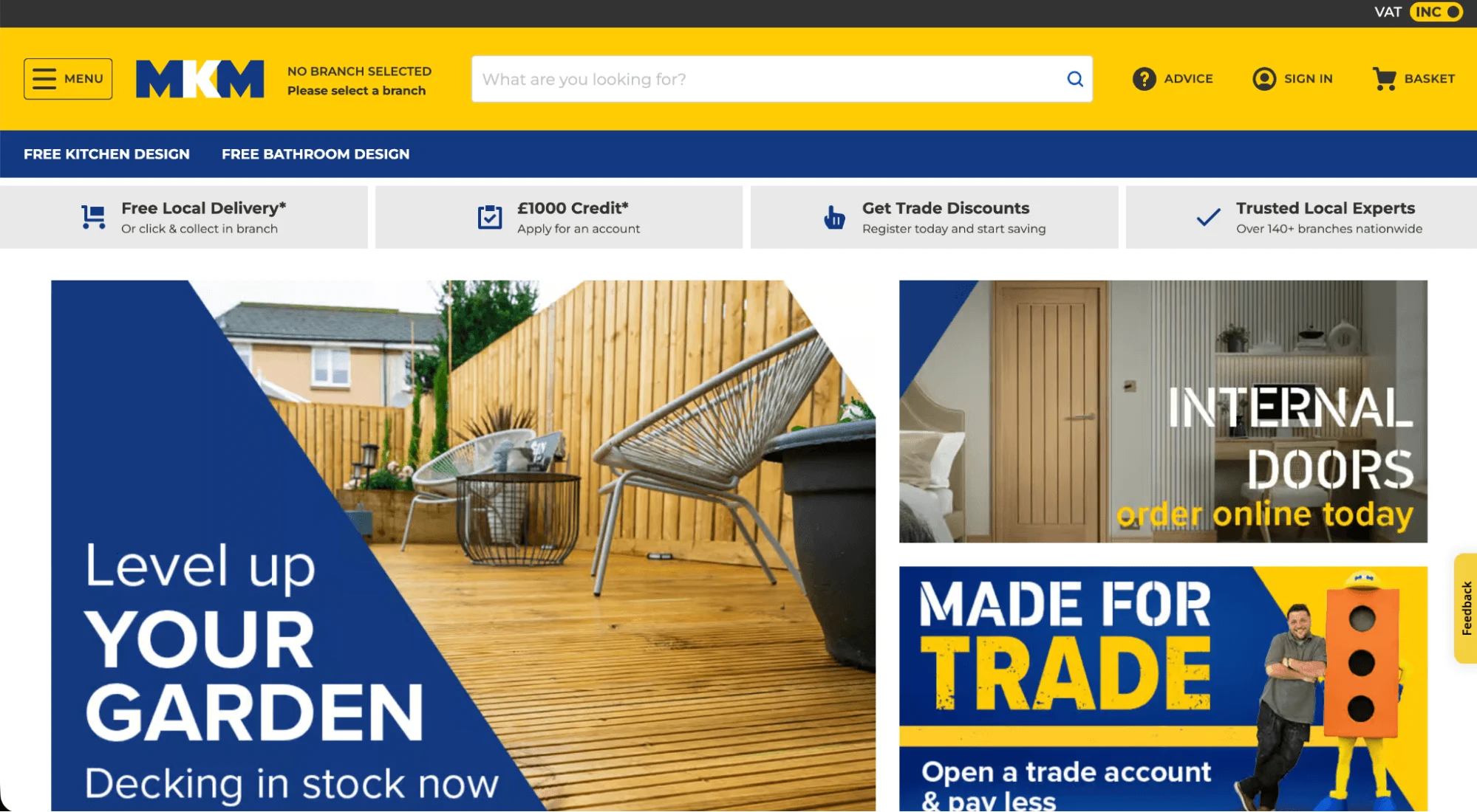 MKM homepage featuring garden decking in stock now, internal doors, and trade account benefits.