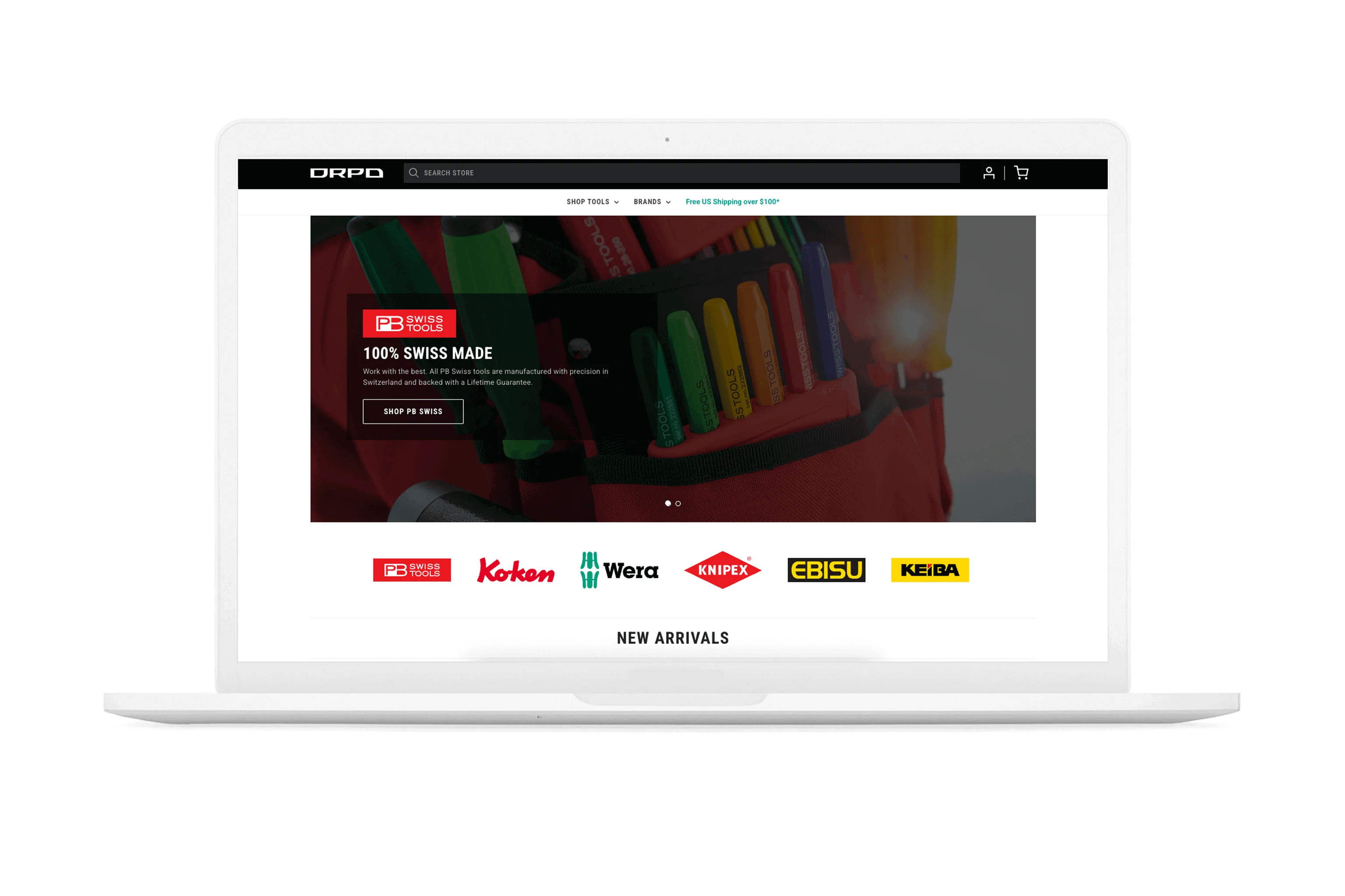 Laptop screen displaying an online tool store homepage with colorful tools and various brand logos on a white background.