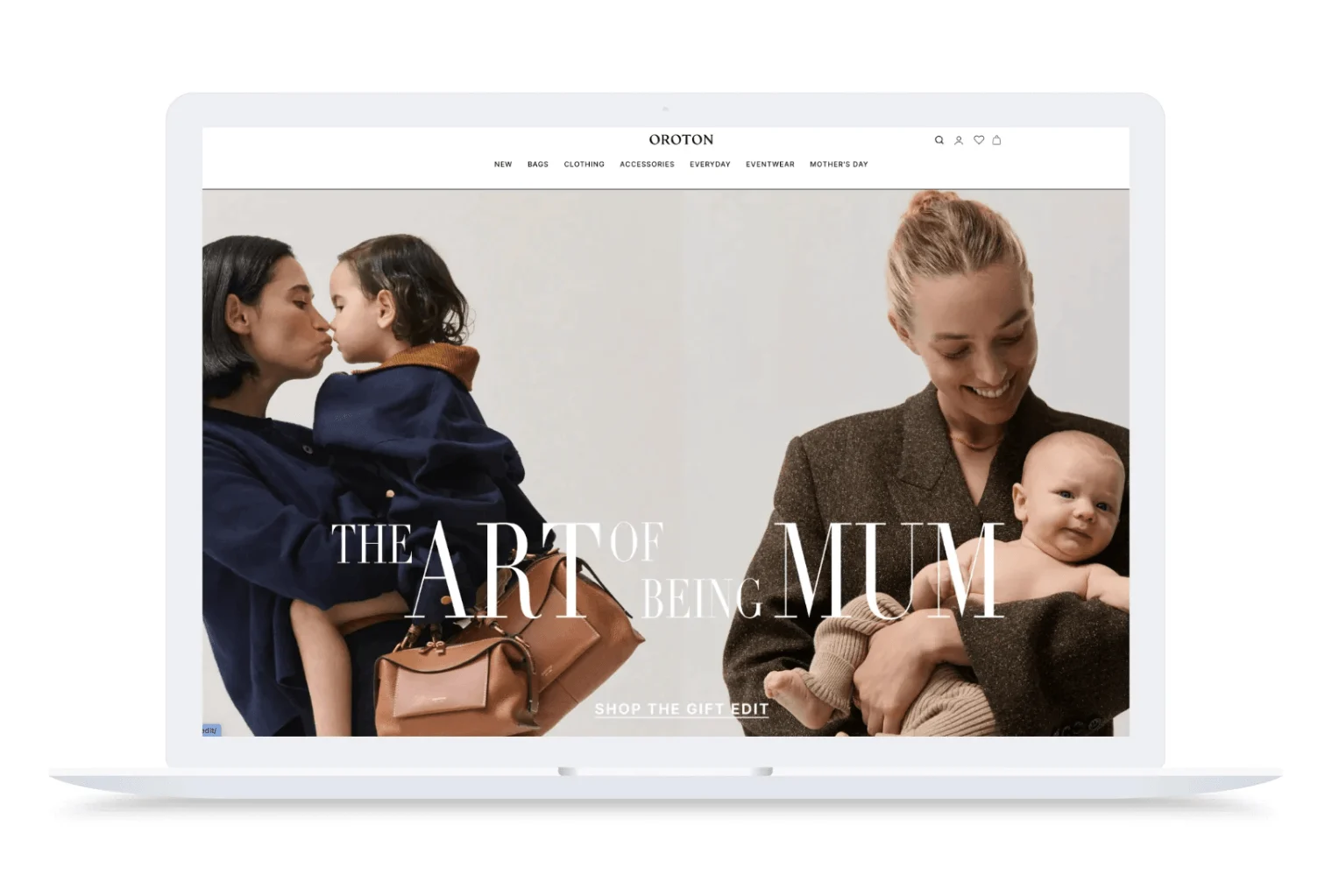 Oroton website homepage showing two mothers with children and text "The Art of Being Mum" promoting Mother's Day gift edit.
