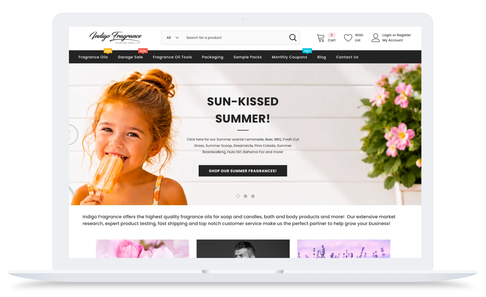 Indigo Fragrance website homepage showing a smiling girl eating an orange popsicle with summer fragrances promotion.