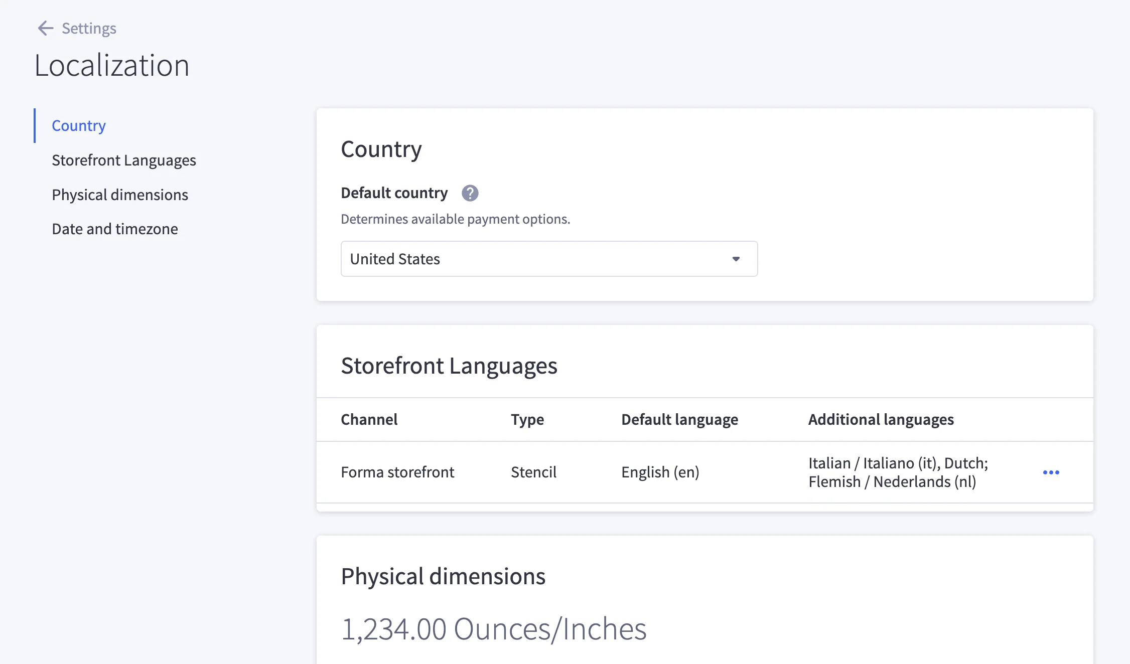 Settings page for Localization showing default country United States and storefront languages table in a web dashboard.