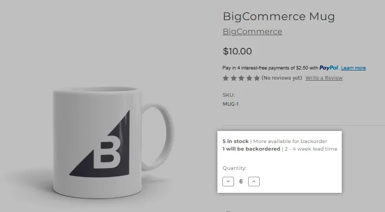 White ceramic mug with dark gray BigCommerce logo featuring stylized B and triangular sail design