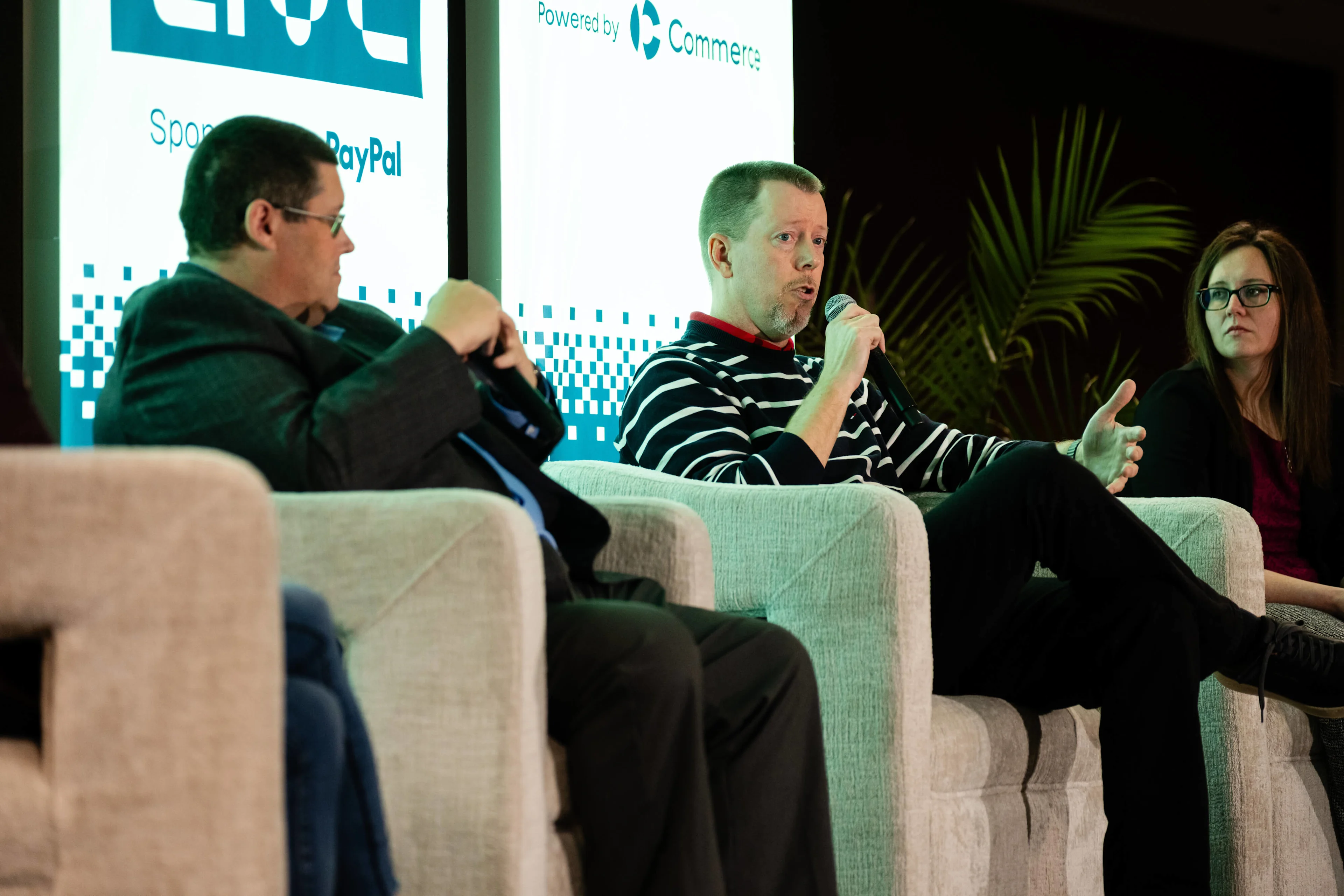 Darren Green, Trevor West, and Sara Schmidt participating in an executive panel discussion at a Commerce event sponsored by PayPal.