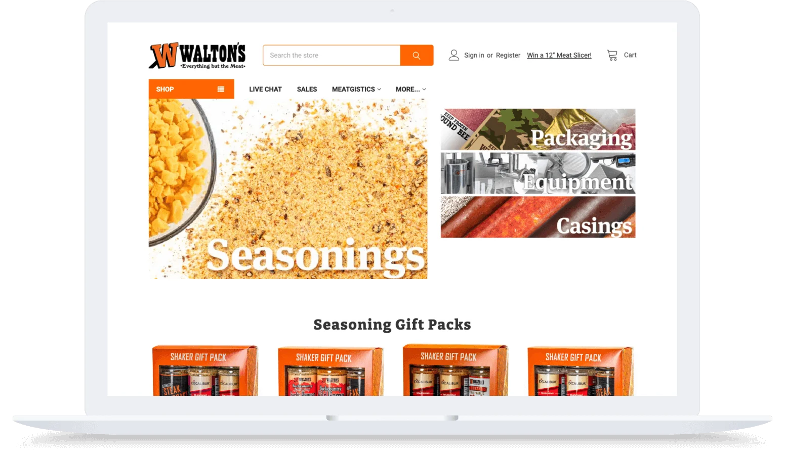 Laptop screen showing Walton’s website with images of seasonings, packaging, equipment, casings, and gift packs.