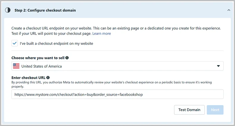 Screenshot - Meta Commerce Manager - Configure Checkout Domain