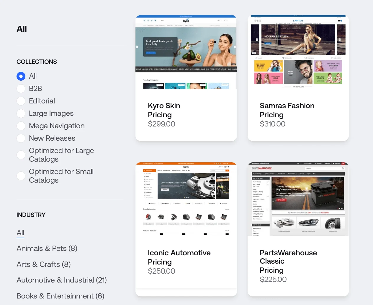 Four website template previews showing Kyro Skin, Samras Fashion, Iconic Automotive, and PartsWarehouse Classic with pricing.